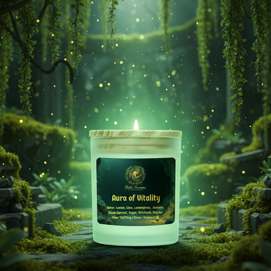 Candle labeled 'Aura of Vitality' in a mystical forest setting